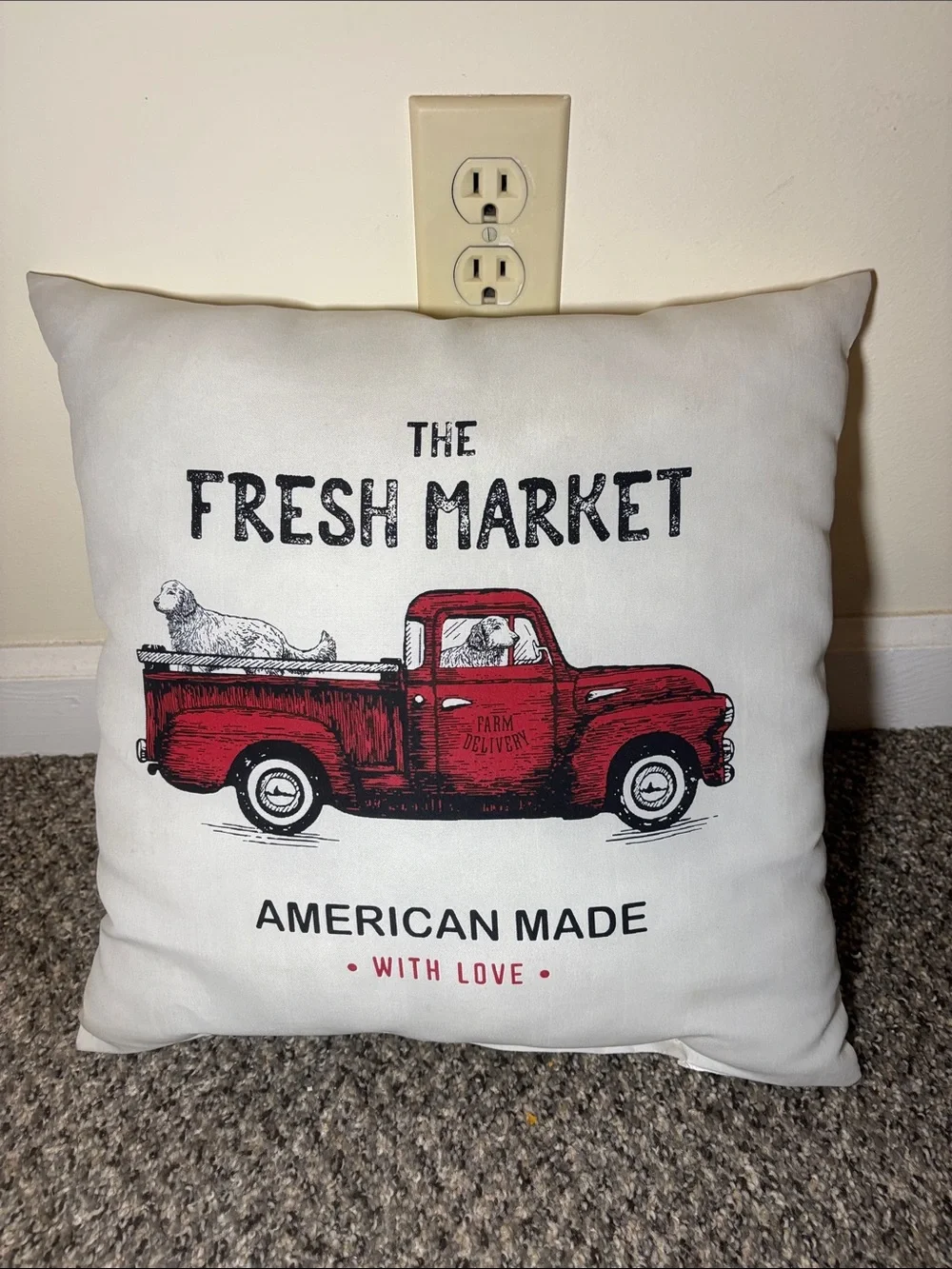 Red Truck Farm Pillow with Black Text